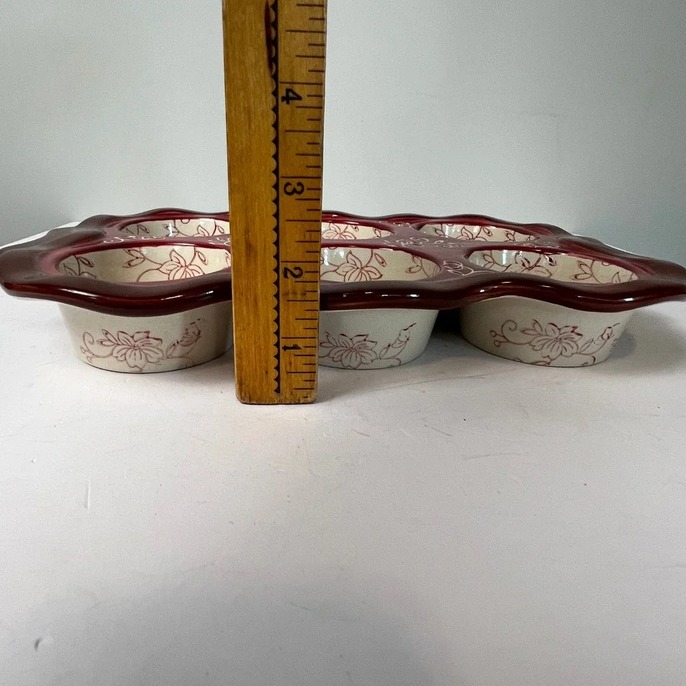 Temp-tations Muffin Pan 6 Cup Cranberry Red Floral Lace Ceramic Stoneware Baker